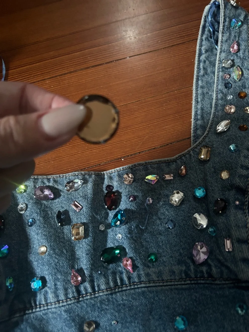 Zara Denim Mini Dress with Multicolor Gem Embellishments - Picture 4 of 5